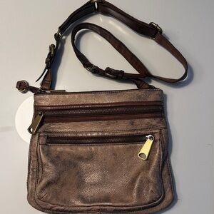 Fossil Dark Brown Metallic  Leather Messenger Bag